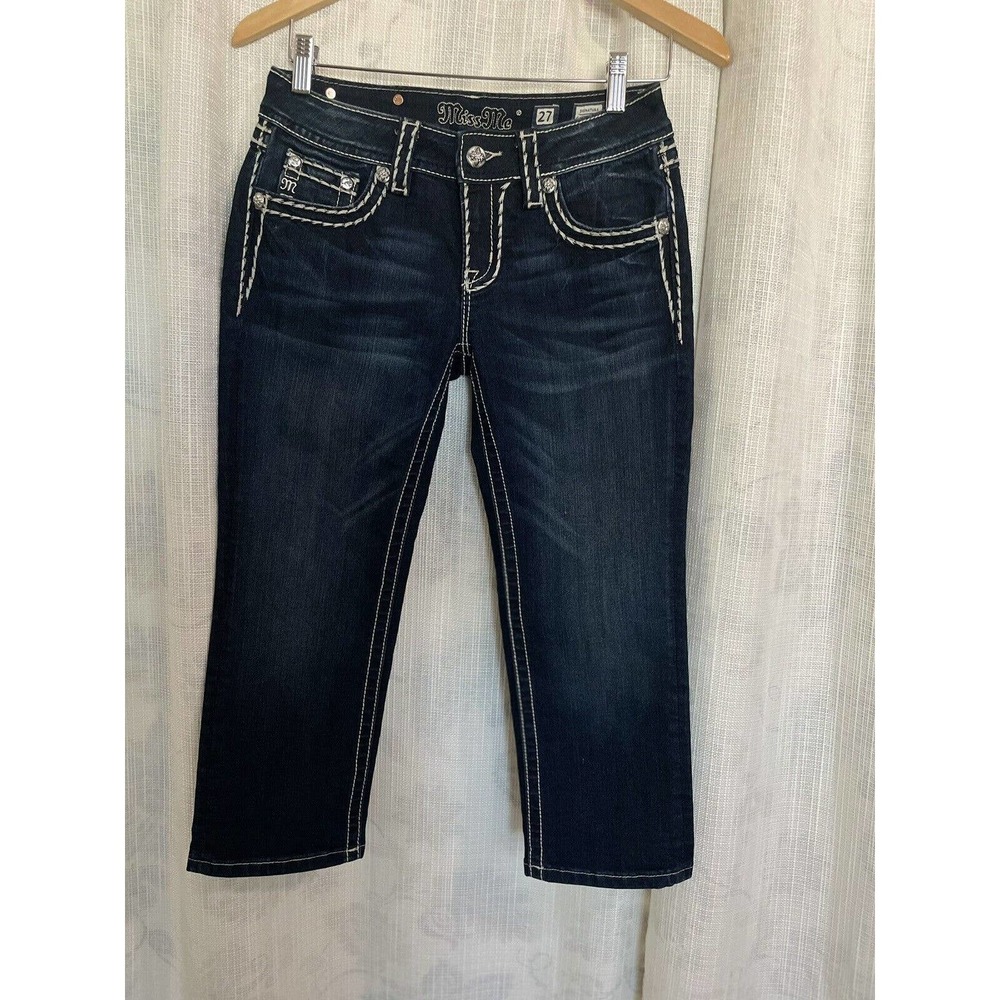 Miss Me Signature Cuffed Capri Denim Jeans Flap Pockets Dark Wash blue Size 27